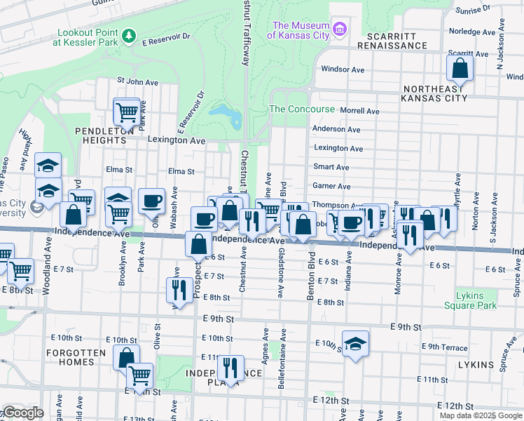 map of restaurants, bars, coffee shops, grocery stores, and more near 445 Bellefontaine Avenue in Kansas City