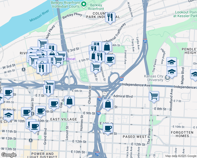 map of restaurants, bars, coffee shops, grocery stores, and more near 558 Harrison Street in Kansas City