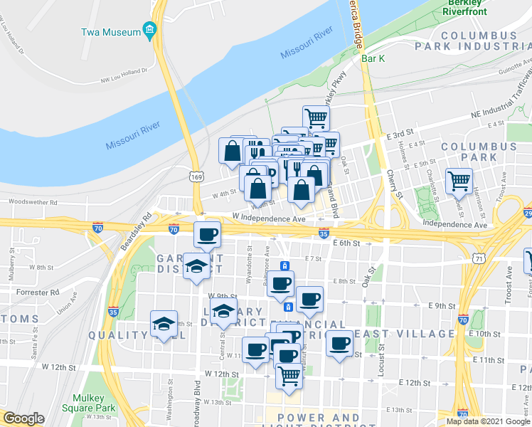 map of restaurants, bars, coffee shops, grocery stores, and more near 500 Delaware Street in Kansas City