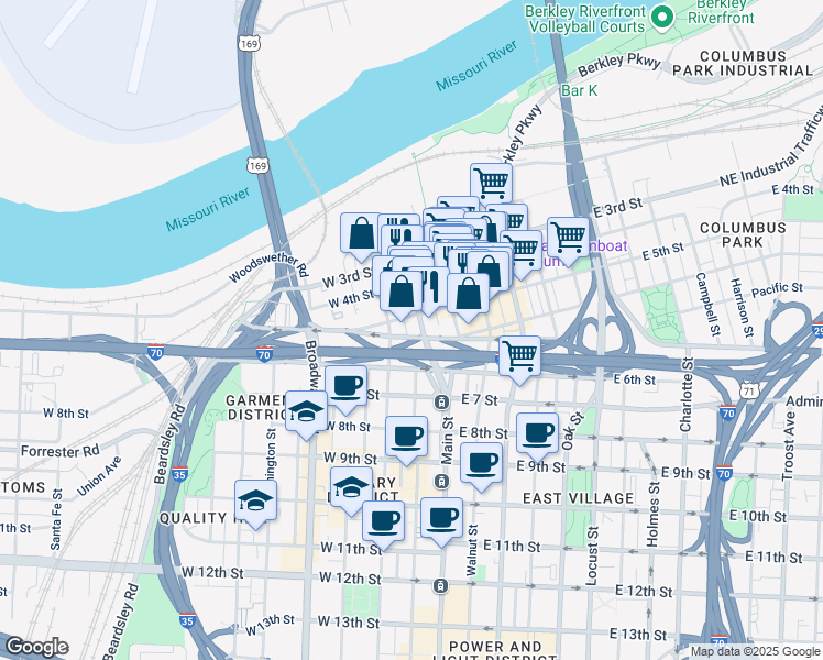 map of restaurants, bars, coffee shops, grocery stores, and more near 509 Delaware Street in Kansas City