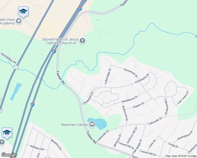 map of restaurants, bars, coffee shops, grocery stores, and more near 114 Timberlake Terrace in Stephens City