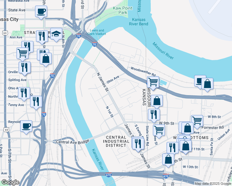 map of restaurants, bars, coffee shops, grocery stores, and more near in Kansas City