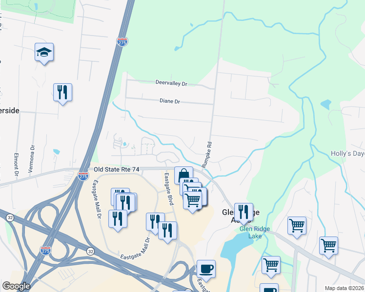 map of restaurants, bars, coffee shops, grocery stores, and more near 731 Fox Creek Lane in Cincinnati