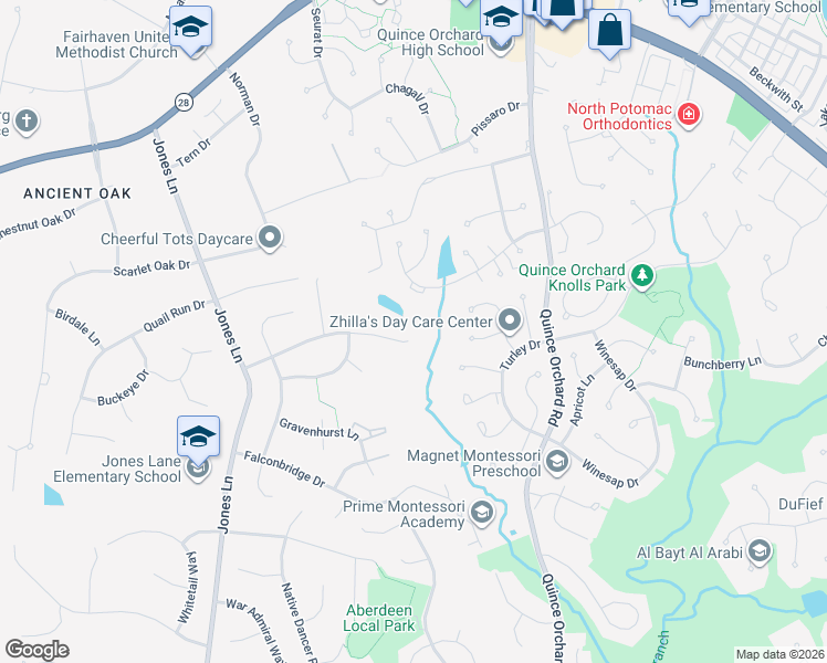 map of restaurants, bars, coffee shops, grocery stores, and more near 12505 Lloydminster Drive in North Potomac