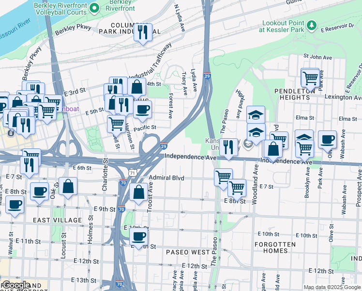 map of restaurants, bars, coffee shops, grocery stores, and more near 578 Tracy Avenue in Kansas City