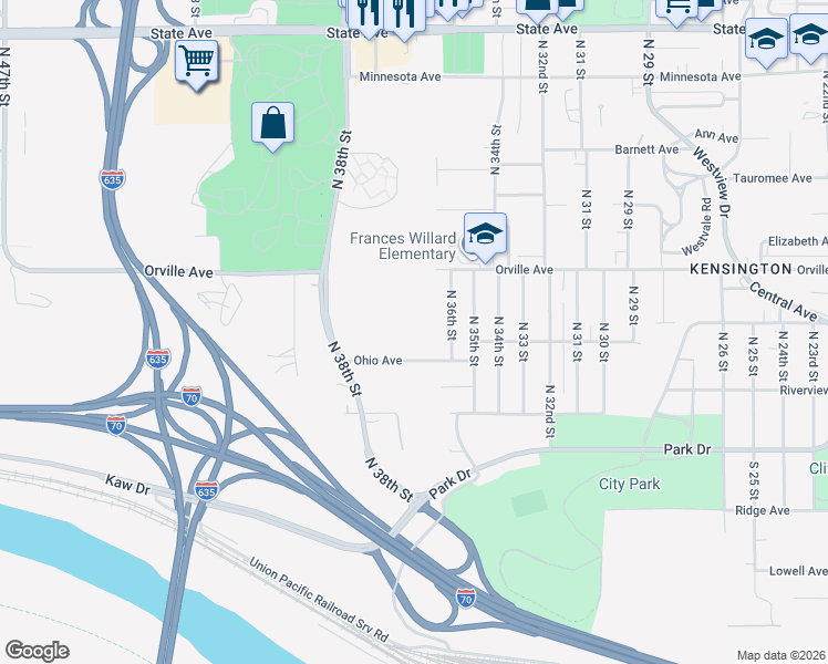 map of restaurants, bars, coffee shops, grocery stores, and more near 3636 Ohio Avenue in Kansas City