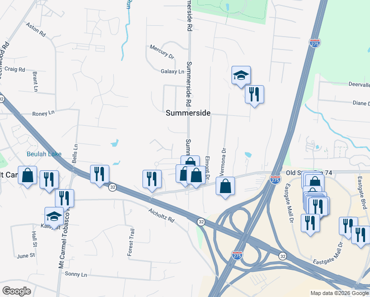 map of restaurants, bars, coffee shops, grocery stores, and more near 4579 Summerside Road in Cincinnati