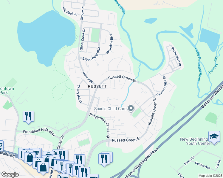 map of restaurants, bars, coffee shops, grocery stores, and more near 3521 Piney Woods Place in Laurel