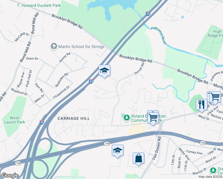 map of restaurants, bars, coffee shops, grocery stores, and more near 7310 Split Rail Lane in Laurel