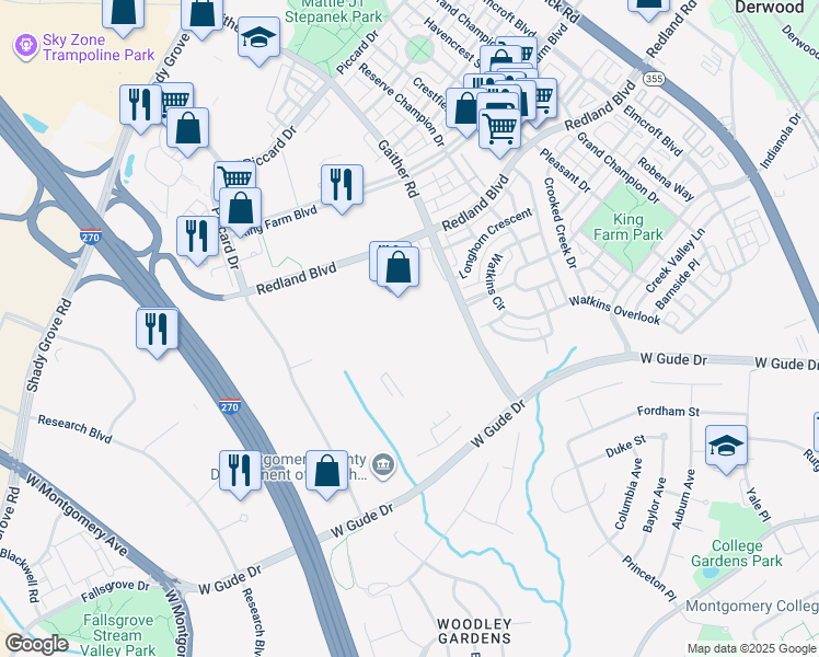 map of restaurants, bars, coffee shops, grocery stores, and more near 520 Gaither Road in Rockville