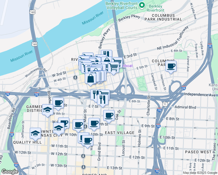 map of restaurants, bars, coffee shops, grocery stores, and more near 531 Grand Boulevard in Kansas City