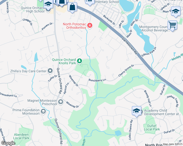 map of restaurants, bars, coffee shops, grocery stores, and more near 15317 Bunchberry Court in North Potomac