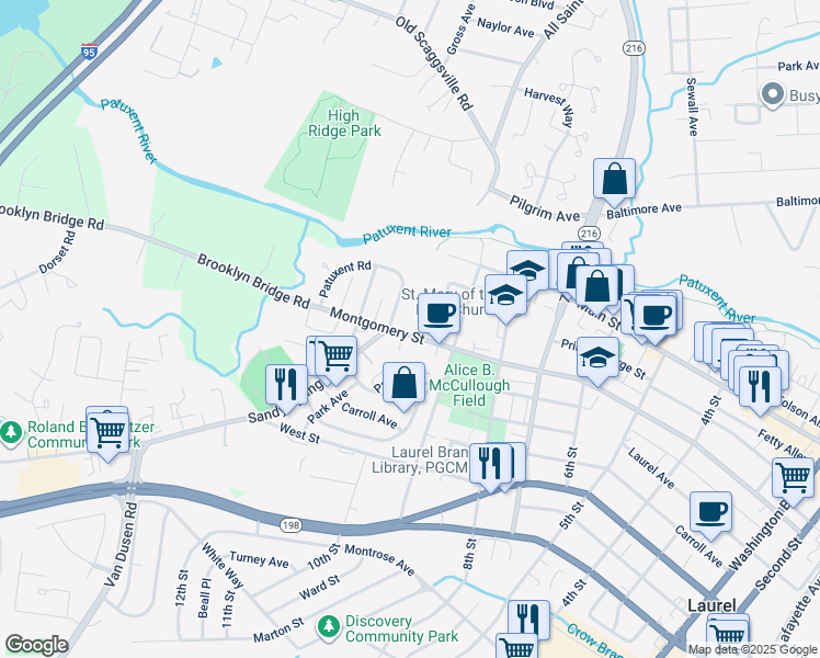 map of restaurants, bars, coffee shops, grocery stores, and more near 925 Montgomery Street in Laurel