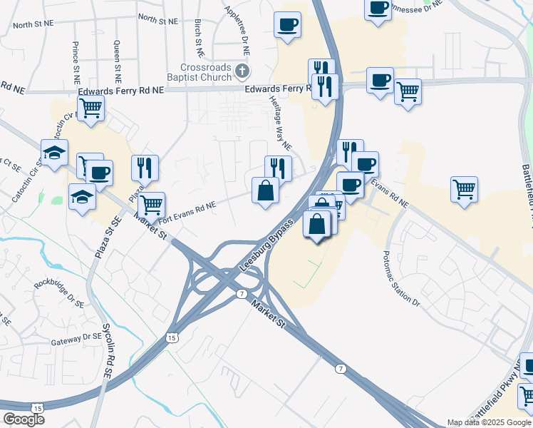 map of restaurants, bars, coffee shops, grocery stores, and more near 131 Fort Evans Road Northeast in Leesburg
