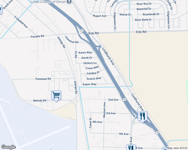 map of restaurants, bars, coffee shops, grocery stores, and more near 1561 Catalpa Street in Olivehurst