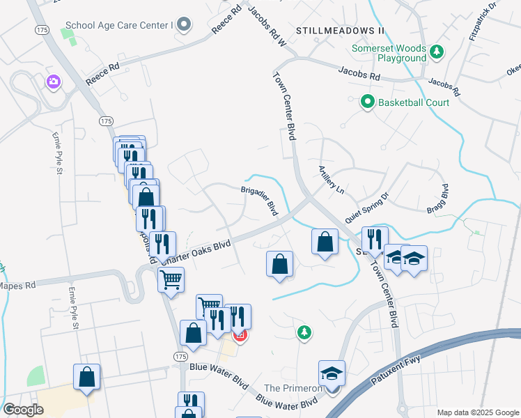 map of restaurants, bars, coffee shops, grocery stores, and more near 2008 Bunker Hill Court in Odenton