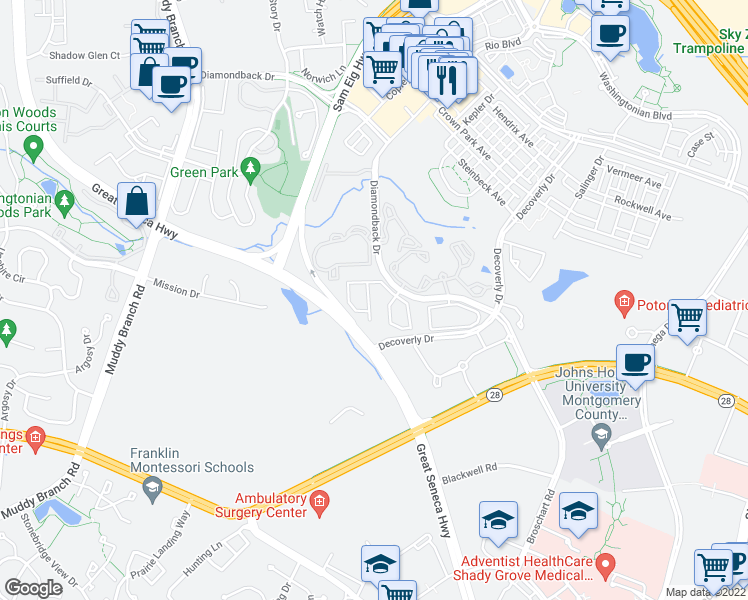 map of restaurants, bars, coffee shops, grocery stores, and more near 21 Sterling Court in Rockville