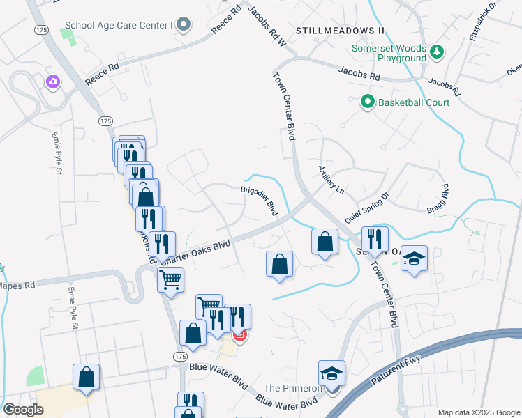 map of restaurants, bars, coffee shops, grocery stores, and more near 2008 Bunker Hill Court in Odenton