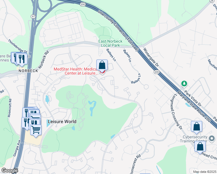 map of restaurants, bars, coffee shops, grocery stores, and more near 15310 Pine Orchard Drive in Silver Spring