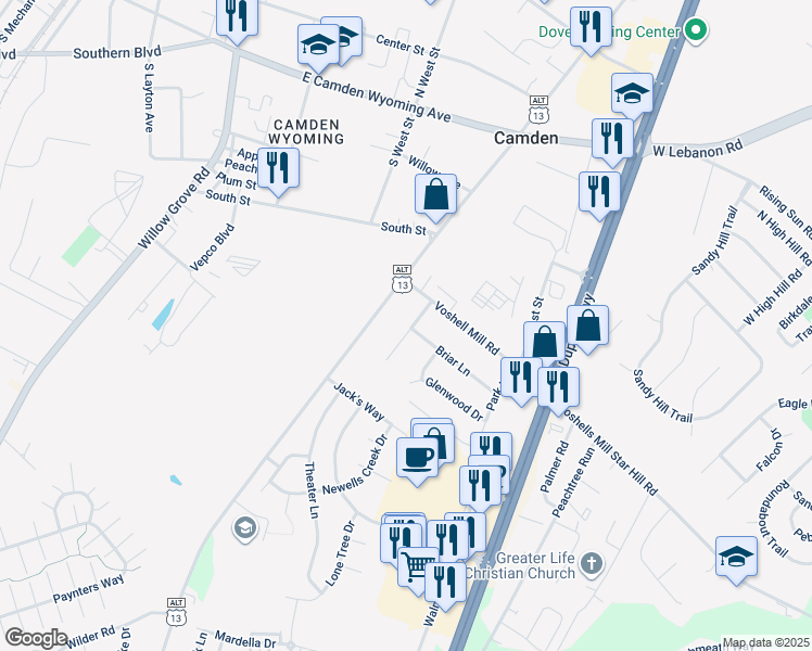 map of restaurants, bars, coffee shops, grocery stores, and more near 9 Maple Lane in Dover