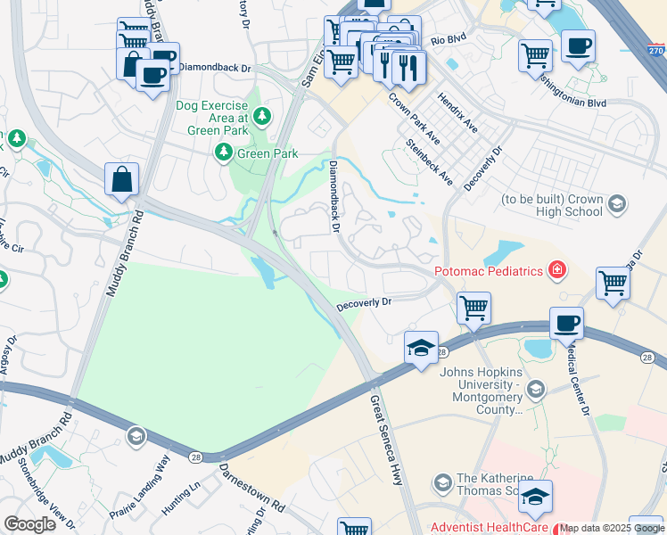map of restaurants, bars, coffee shops, grocery stores, and more near 21 Sterling Court in Rockville