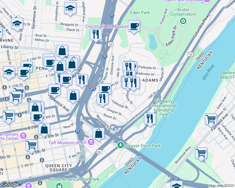 map of restaurants, bars, coffee shops, grocery stores, and more near 998 Monastery Street in Cincinnati
