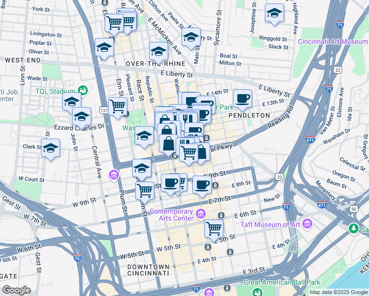 map of restaurants, bars, coffee shops, grocery stores, and more near 1112 Walnut Street in Cincinnati