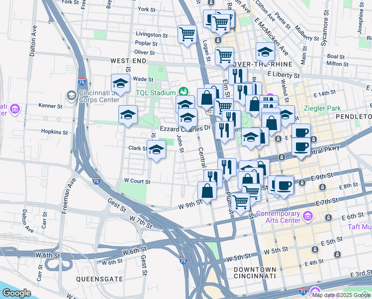 map of restaurants, bars, coffee shops, grocery stores, and more near 415 Hopkins Street in Cincinnati