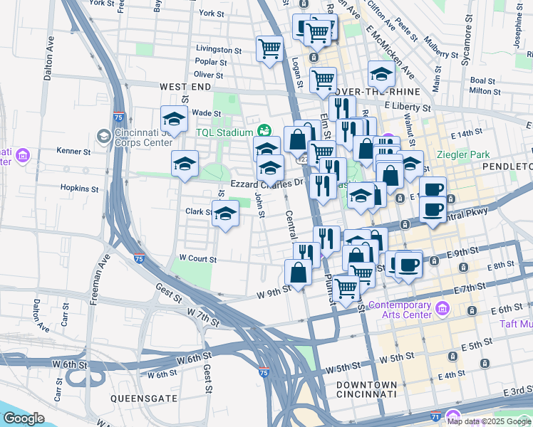 map of restaurants, bars, coffee shops, grocery stores, and more near 415 Hopkins Street in Cincinnati