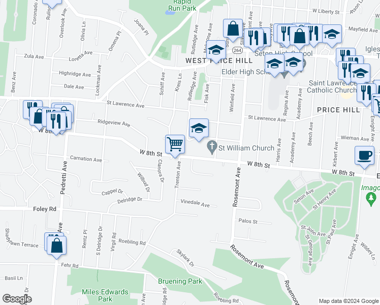 map of restaurants, bars, coffee shops, grocery stores, and more near 4151 Saint Williams Avenue in Cincinnati