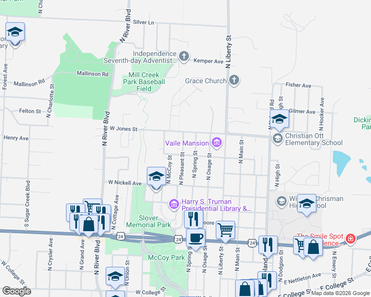 map of restaurants, bars, coffee shops, grocery stores, and more near 1520 North Pleasant Street in Independence