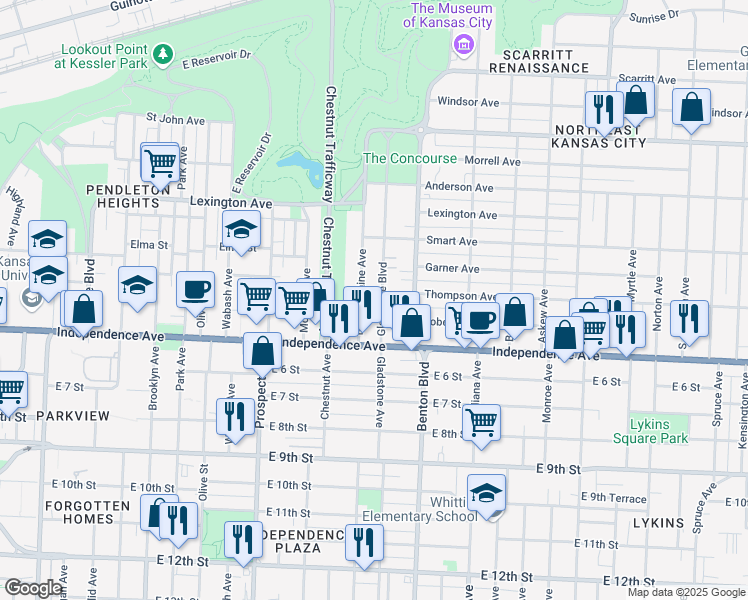 map of restaurants, bars, coffee shops, grocery stores, and more near 445 Bellefontaine Avenue in Kansas City