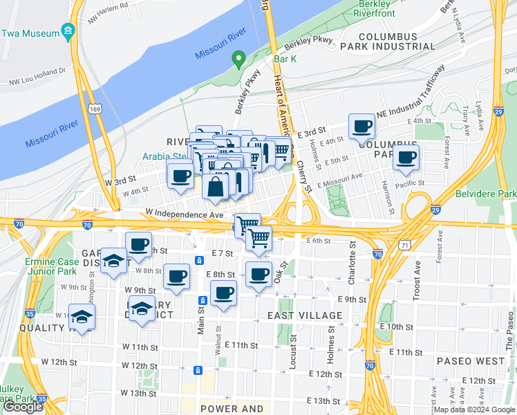 map of restaurants, bars, coffee shops, grocery stores, and more near 310 East Missouri Avenue in Kansas City
