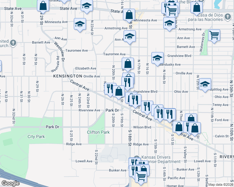 map of restaurants, bars, coffee shops, grocery stores, and more near 1920 Grandview Boulevard in Kansas City