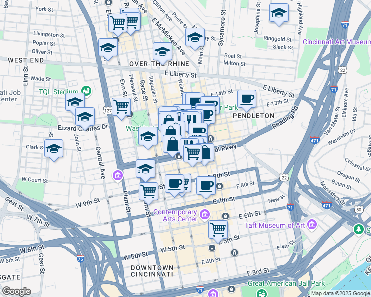 map of restaurants, bars, coffee shops, grocery stores, and more near 1112 Walnut Street in Cincinnati