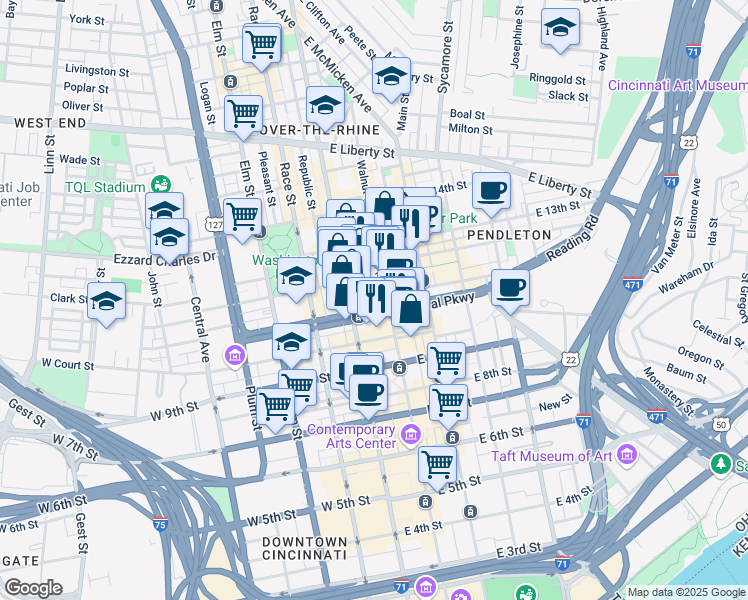 map of restaurants, bars, coffee shops, grocery stores, and more near 20 East Central Parkway in Cincinnati