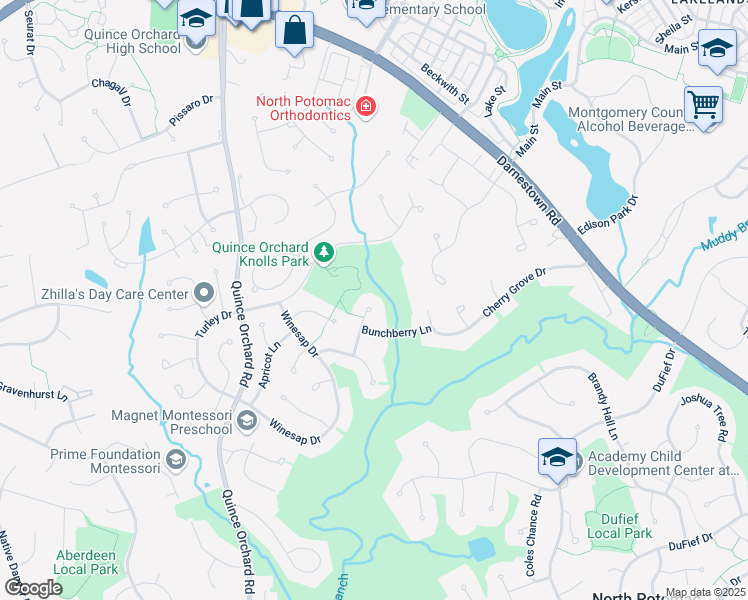 map of restaurants, bars, coffee shops, grocery stores, and more near 15317 Bunchberry Court in North Potomac