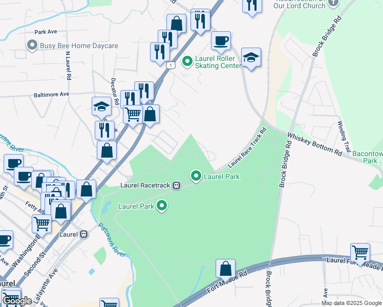 map of restaurants, bars, coffee shops, grocery stores, and more near 10026 American Pharoah Lane in Laurel