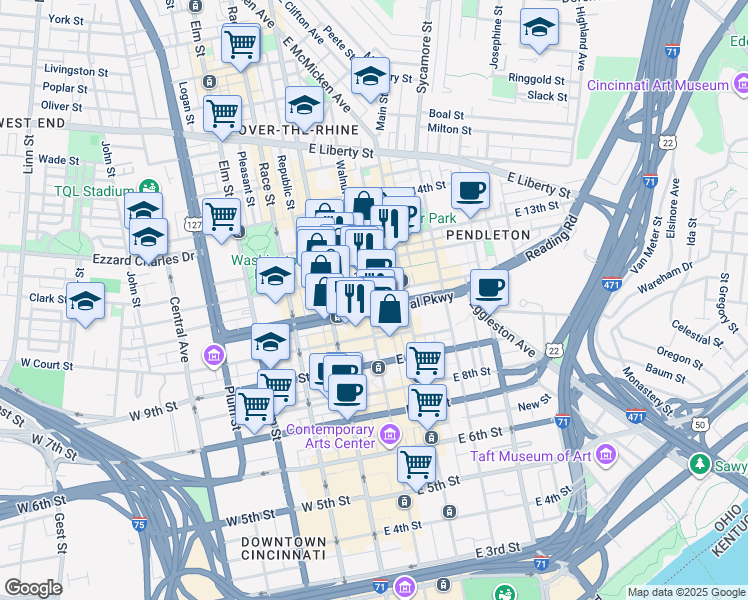 map of restaurants, bars, coffee shops, grocery stores, and more near 100 East Central Parkway in Cincinnati