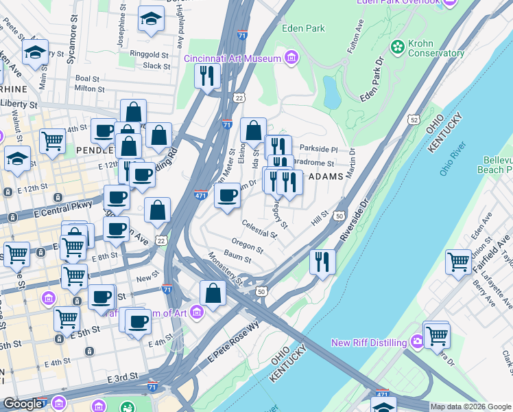map of restaurants, bars, coffee shops, grocery stores, and more near 1055 Saint Paul Place in Cincinnati