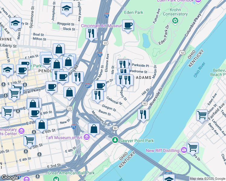 map of restaurants, bars, coffee shops, grocery stores, and more near 1055 Saint Paul Place in Cincinnati