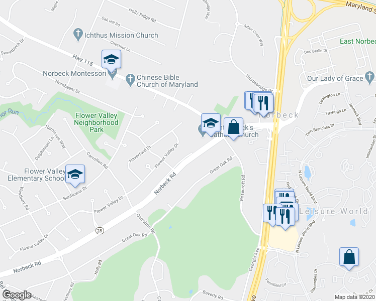 map of restaurants, bars, coffee shops, grocery stores, and more near 4203 Norbeck Road in Rockville