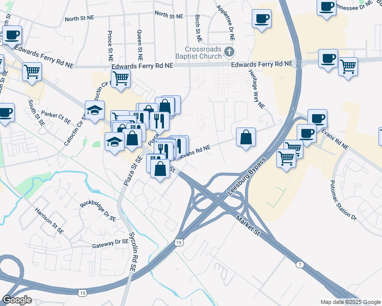 map of restaurants, bars, coffee shops, grocery stores, and more near 49 Fort Evans Road Northeast in Leesburg