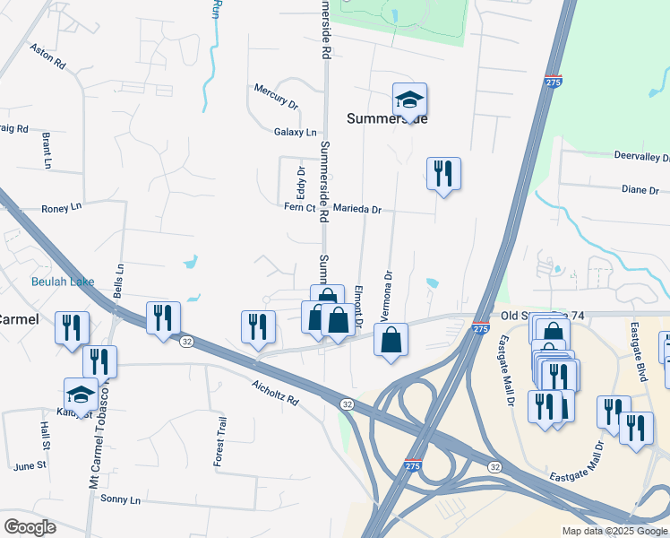 map of restaurants, bars, coffee shops, grocery stores, and more near 4582 Summerside Road in Cincinnati