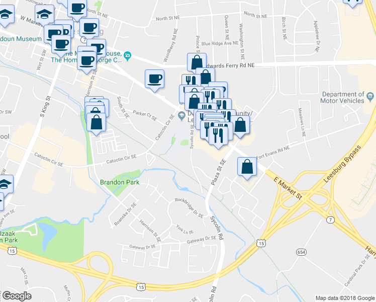 map of restaurants, bars, coffee shops, grocery stores, and more near 23 Sycolin Road Southeast in Leesburg