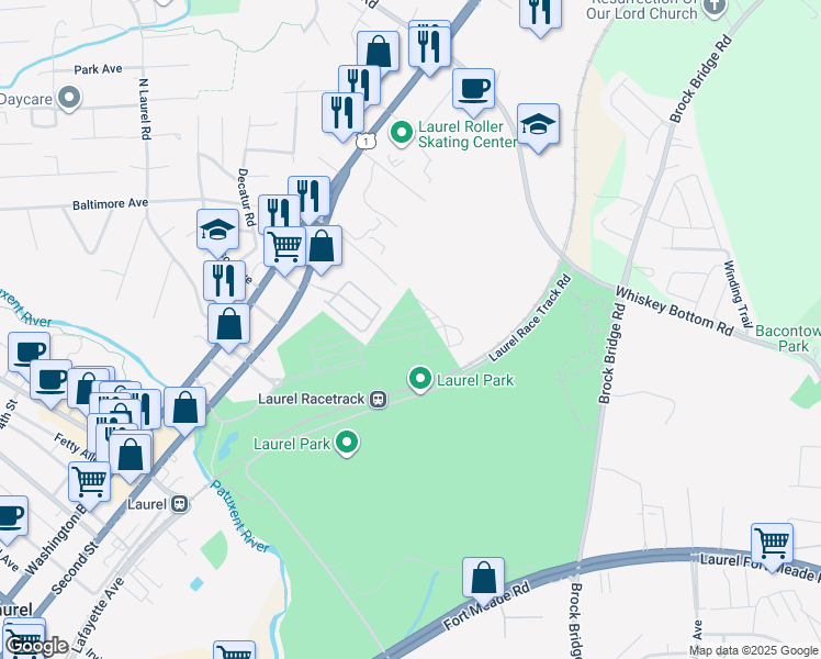 map of restaurants, bars, coffee shops, grocery stores, and more near 10026 American Pharoah Lane in Laurel