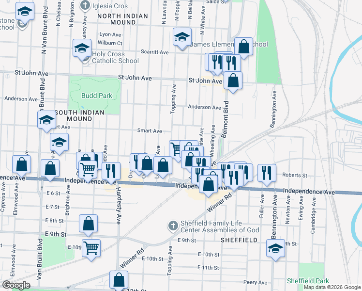 map of restaurants, bars, coffee shops, grocery stores, and more near 430 Bellaire Avenue in Kansas City