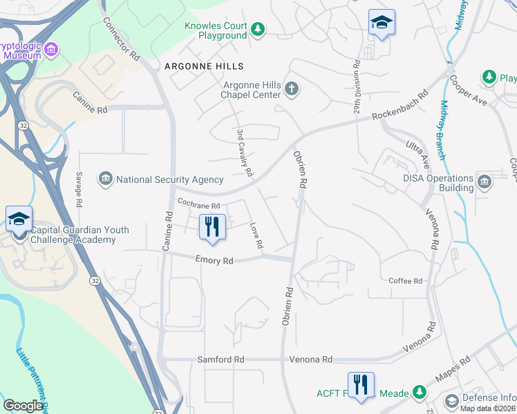 map of restaurants, bars, coffee shops, grocery stores, and more near 9827 Love Road in Fort Meade