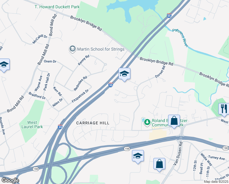 map of restaurants, bars, coffee shops, grocery stores, and more near 15824 Deer Creek Court in Laurel