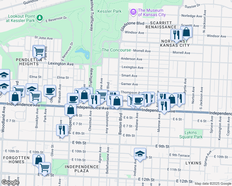 map of restaurants, bars, coffee shops, grocery stores, and more near 3121 Thompson Avenue in Kansas City